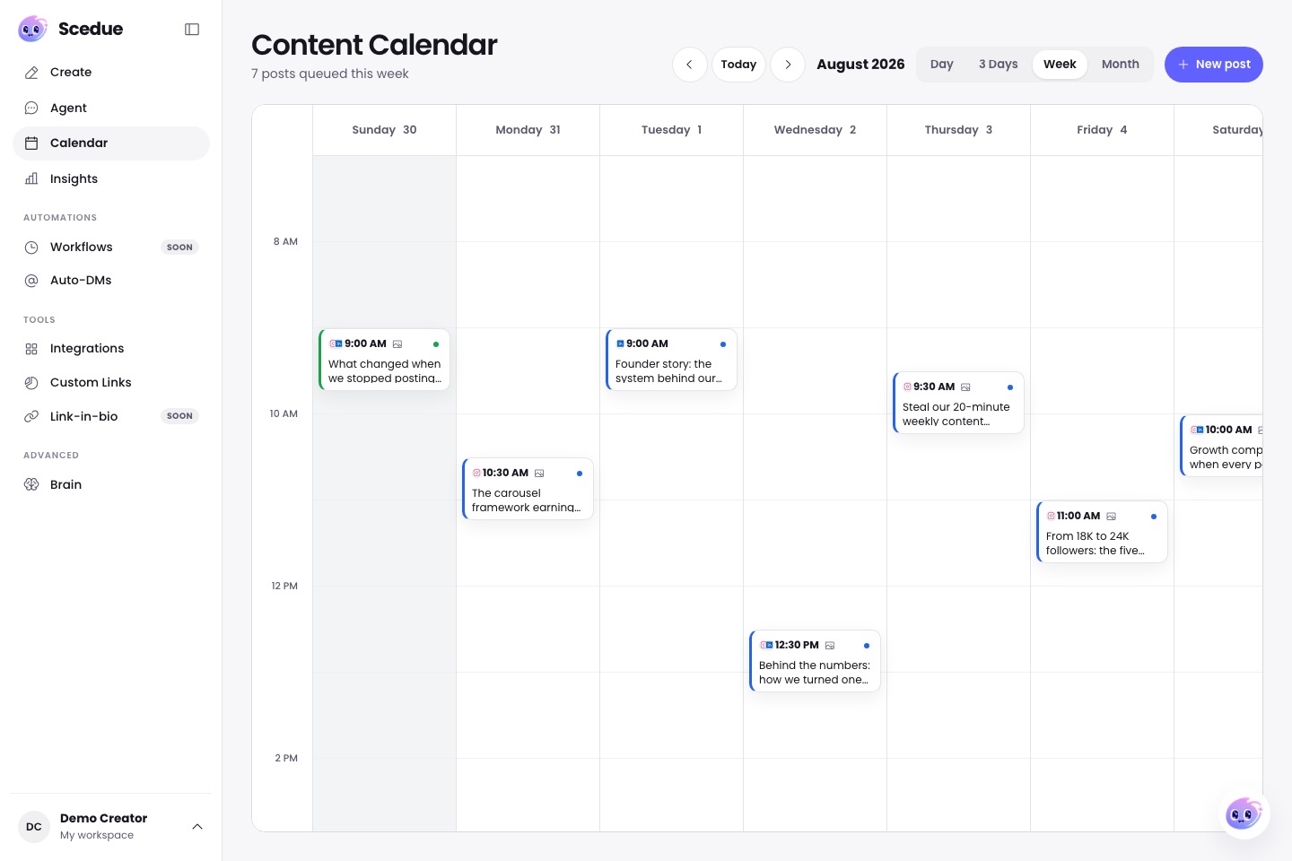 Scedue content calendar showing scheduled posts across channels