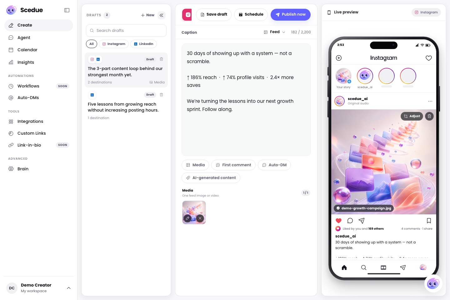 Scedue compose screen for drafting an Instagram post
